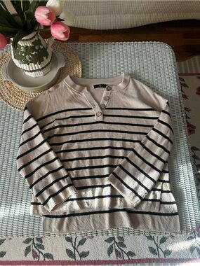 Striped Henley Knit Sweater Top - Beige/Black